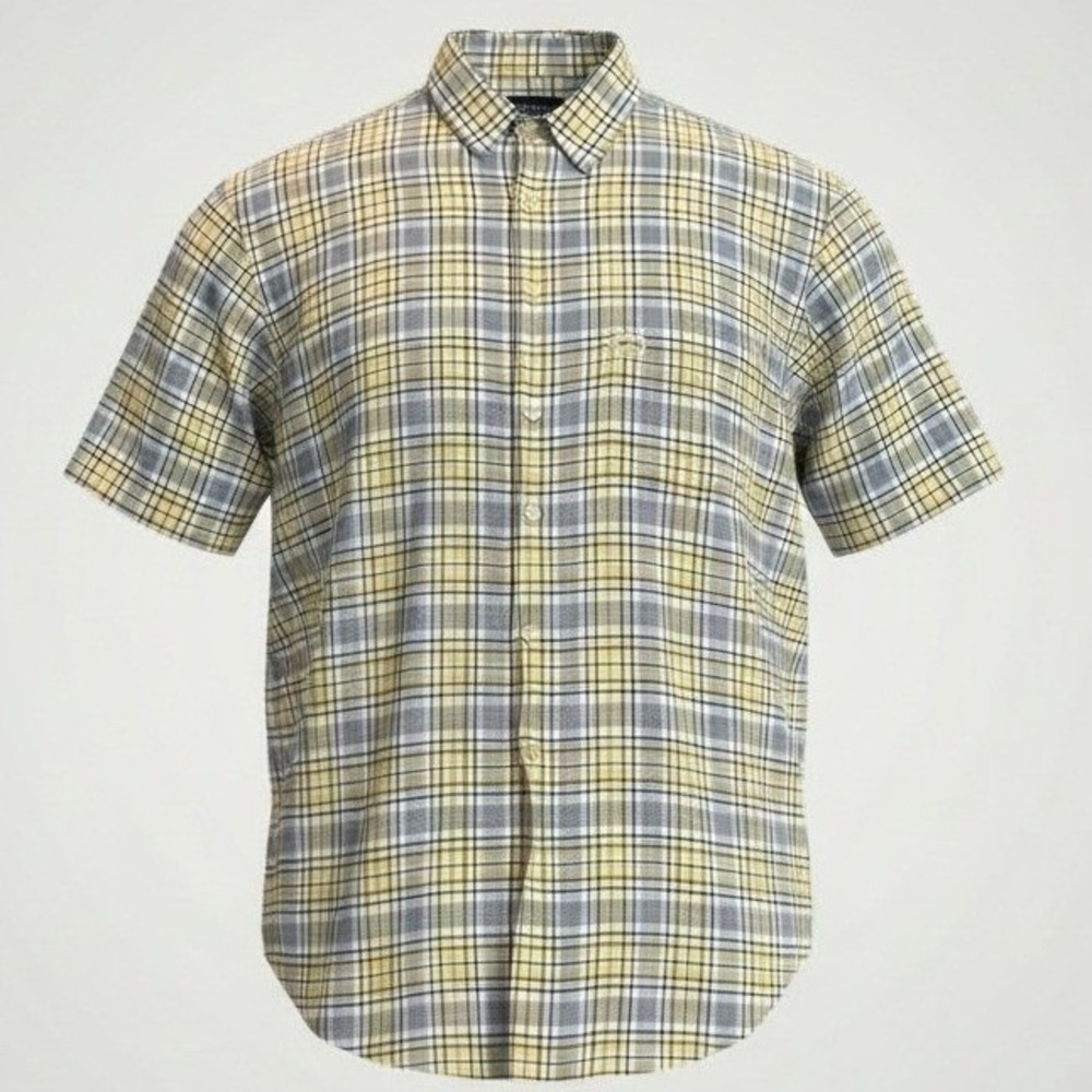 Guess Men Plaid Button Up Shirt Large Yellow Grey Y2K Retro Grunge Preppy Classy